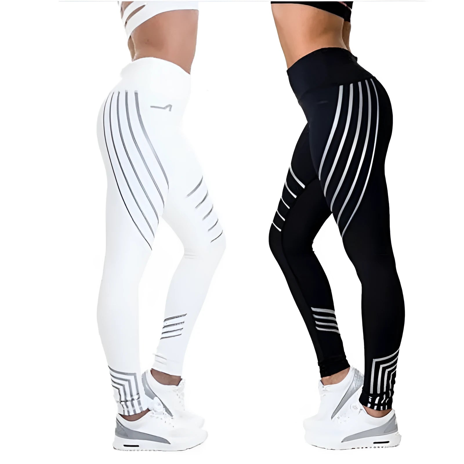 Women's glow-in-the-dark workout leggings in black with printed pattern, slim fit pencil pants length