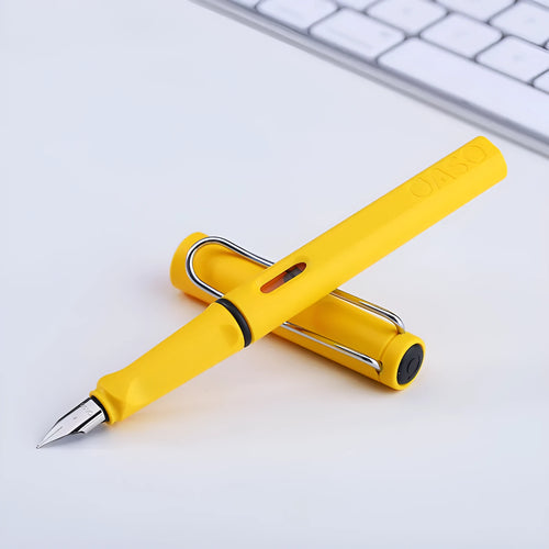 0.5mm ink sac pen with plastic body in six colours showing steel nib and refillable ink bag system