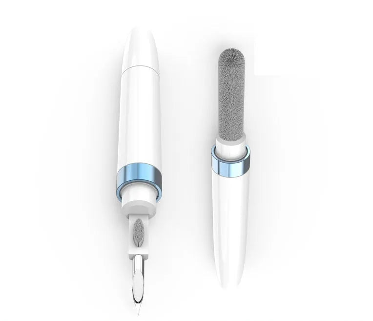 A blue headphone cleaning pen with a metal nib, brush, and sponge for cleaning electronics.
