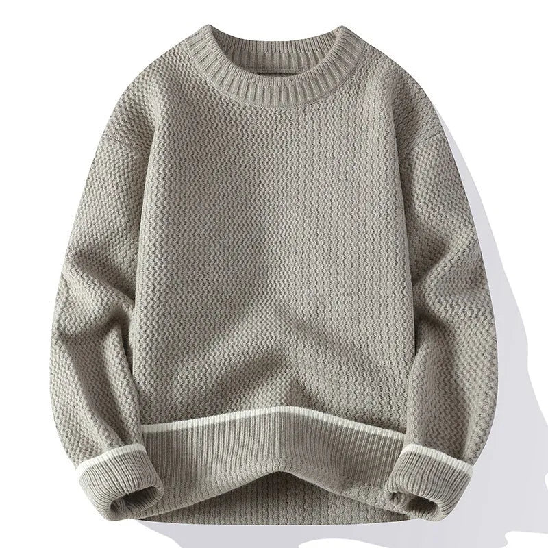 Men's gray round neck pullover sweater with loose fit and long sleeves for autumn