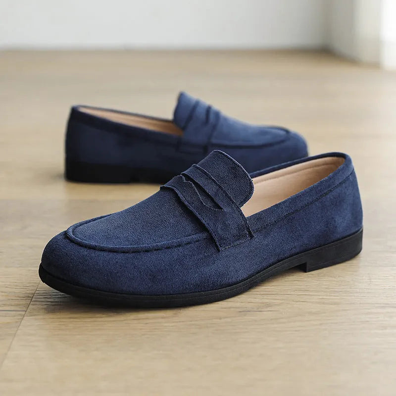 Men's square toe slip-on loafers in black velvet, dark blue, or dark brown, with low 1-3cm heel and platform sole.