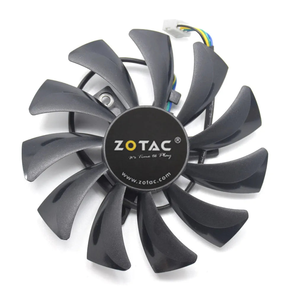 Black 85mm computer cooling fan with 4-pin power connector for graphics card and PC case installation