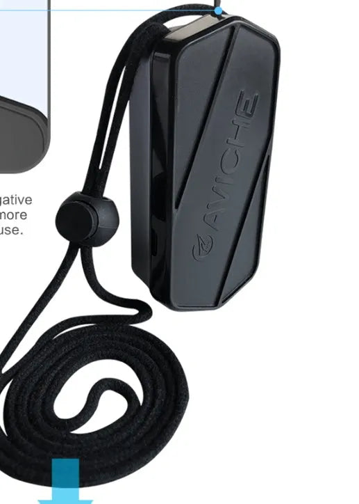 Black plastic wearable air purifier necklace showing dimensions 80mm by 37mm by 24mm.
