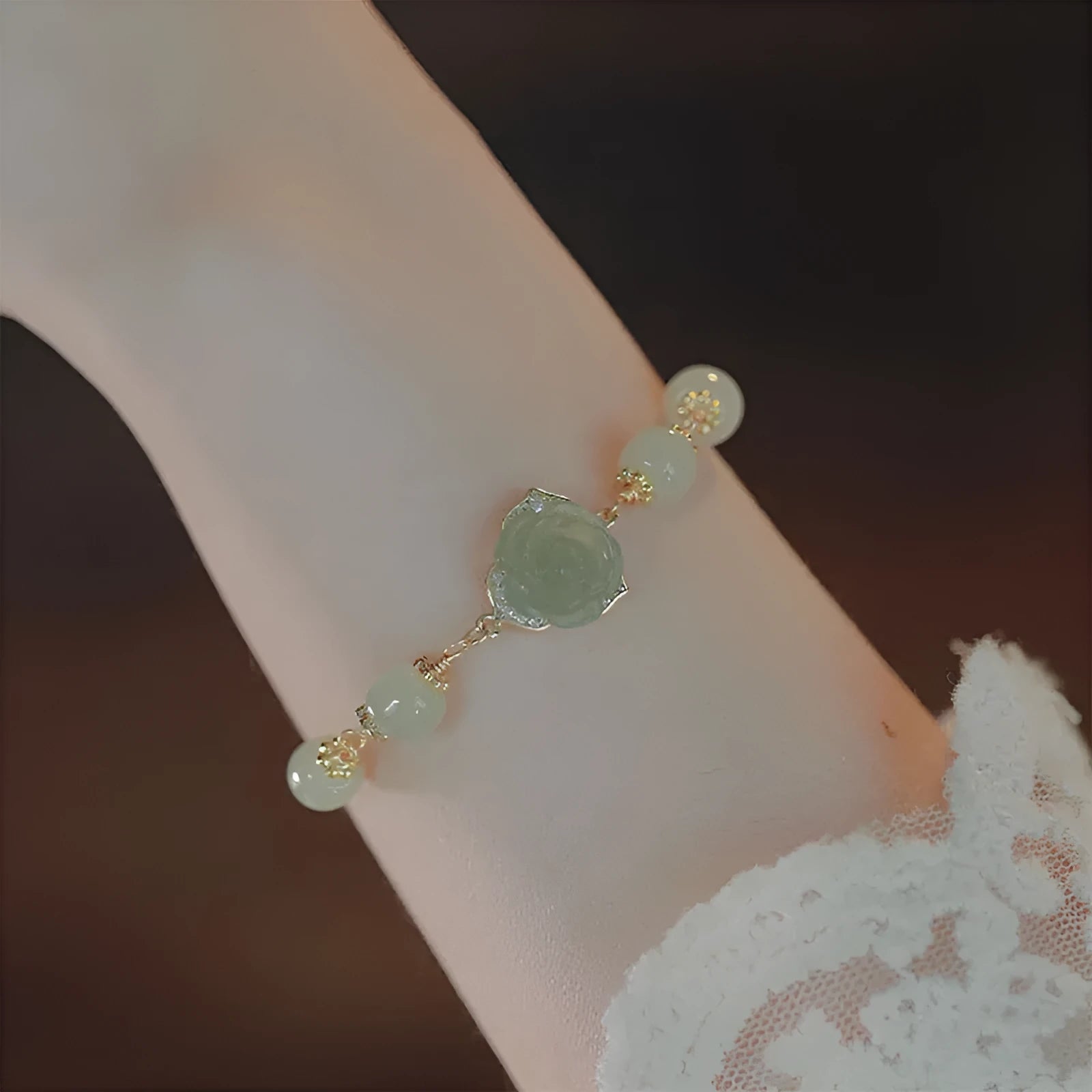 Women's bracelet with carved Hetian jade rose and 14K gold plating, literary style floral design