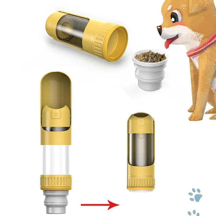 Dark blue dog water bottle with integrated drinking bowl, showing compact 215x75x75mm dimensions