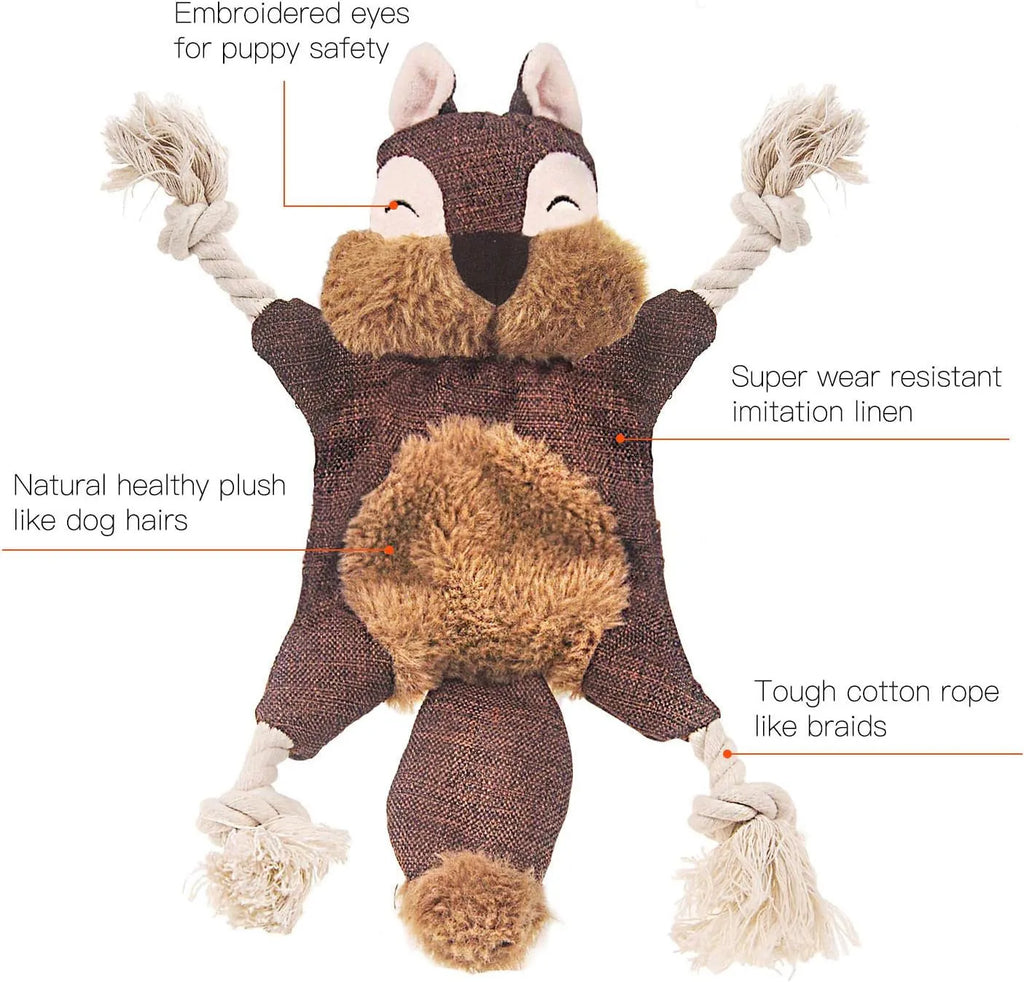 Brown fox dog toy with embroidered eyes, cotton rope arms and legs, and stuffless plush body