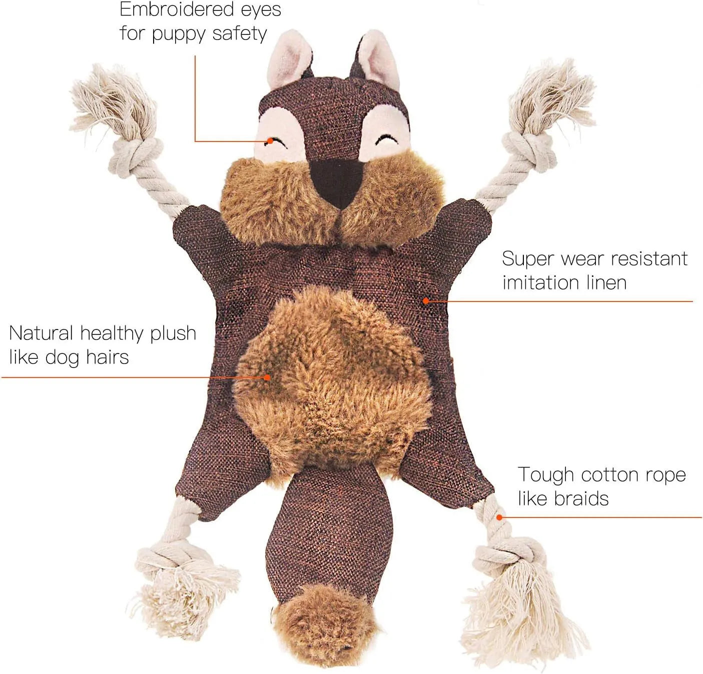 Brown fox dog toy with embroidered eyes, cotton rope arms and legs, and stuffless plush body