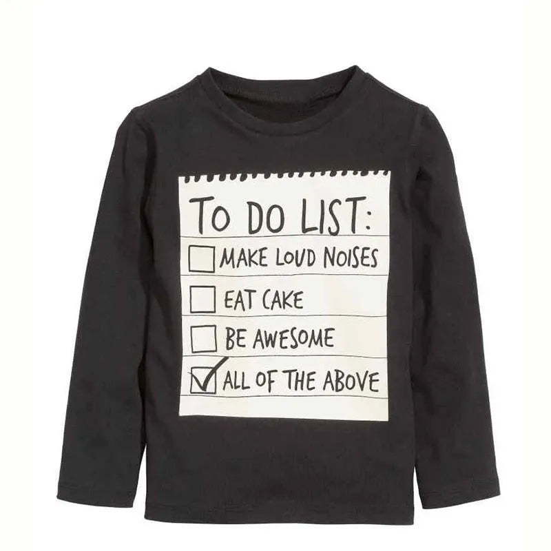 A boys' casual cotton two-piece clothing set with a long-sleeved letter-print t-shirt and matching pants.
