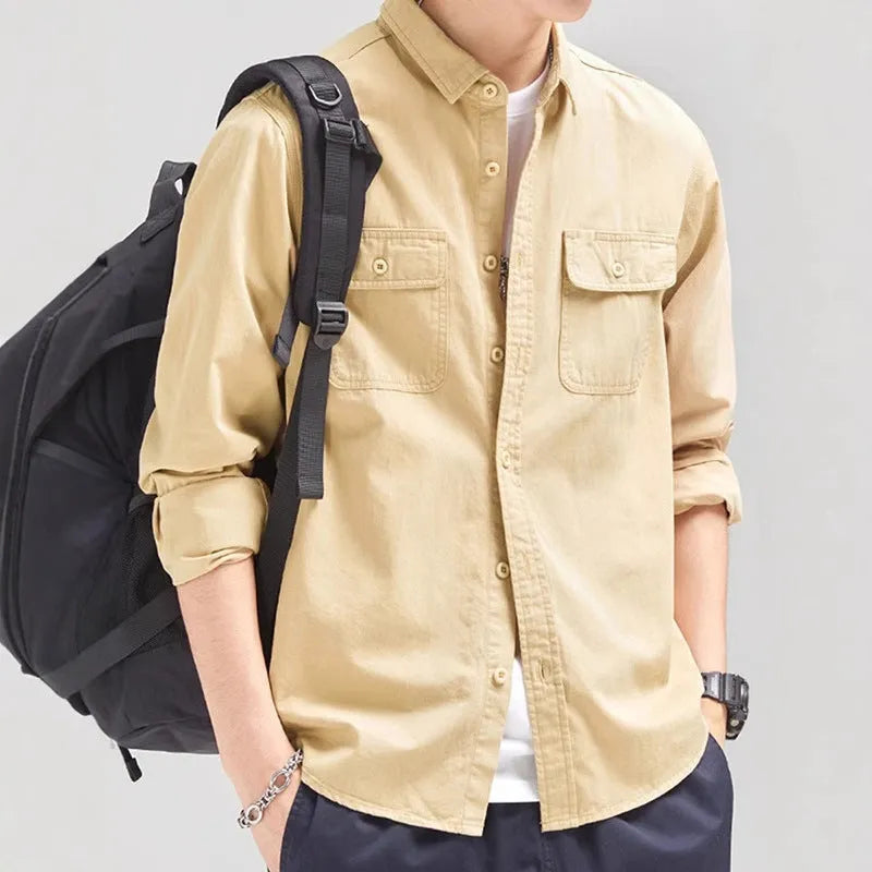 Men's long sleeve overalls shirt in cardigan style, loose fit, colours light grey black khaki green