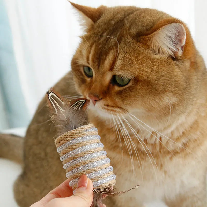 Beige cat interactive toy with feathers, hemp rope scratching surface, and integrated sound roller mechanism