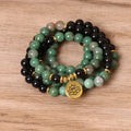 Green and black elastic beaded long bracelet with alloy material and adjustable sizing