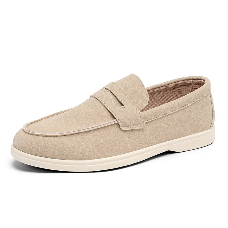 Men's suede casual shoes in beige, black, brown, or sky blue with a round toe and low flat heel.