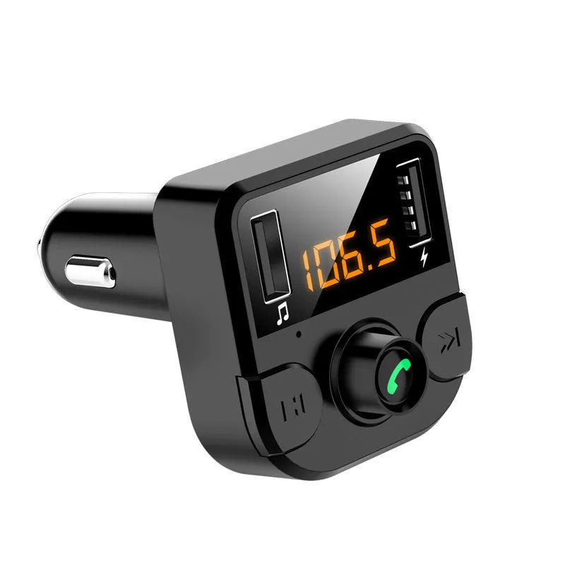 Black BT36B Bluetooth car MP3 player with FM transmitter and 1.1-inch display, connected to a car cigarette lighter.