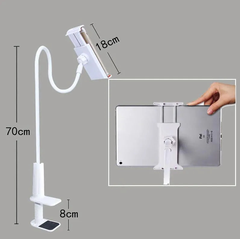 Bedside oversize flat panel handset holder with long arm and adjustable angle for mobile phones