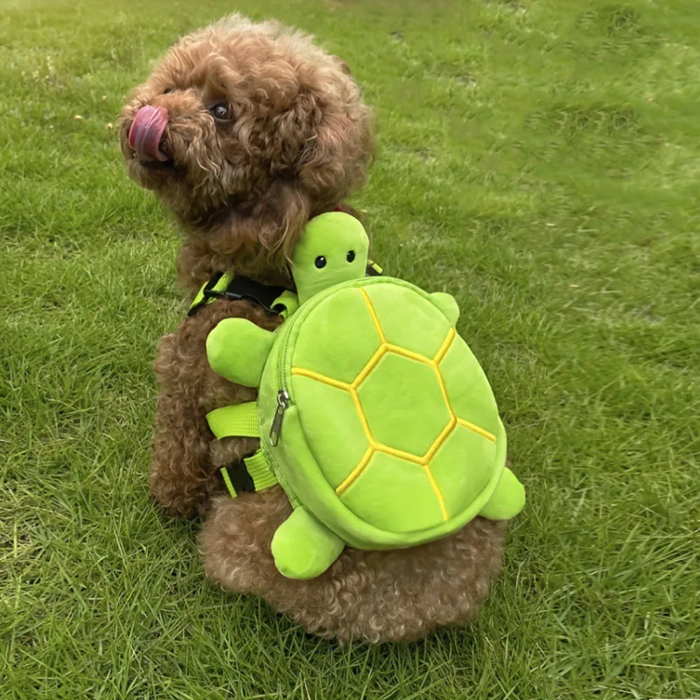 Cartoon turtle shape dog backpack with harness vest, 20x18cm, velvet material, metal zipper