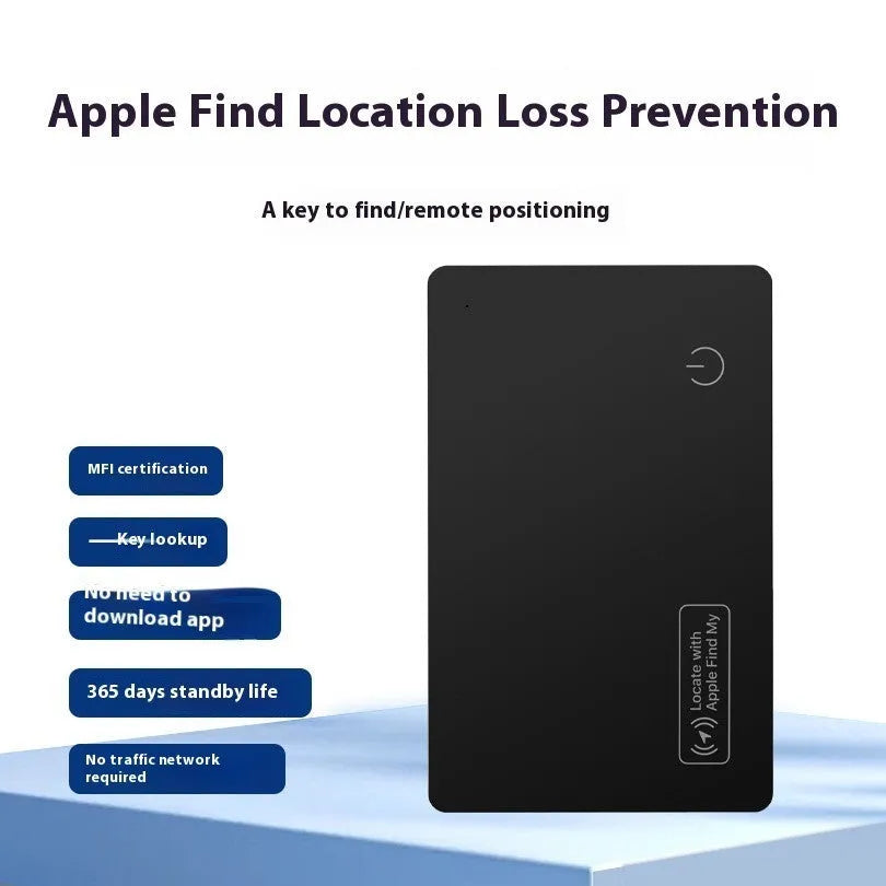 Black ultra-thin anti-loss alarm card for Apple devices on a table.