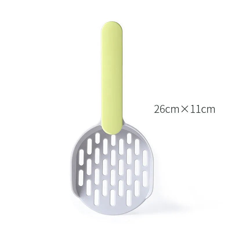 Blue plastic cat litter shovel scoop tool for cleaning litter boxes.