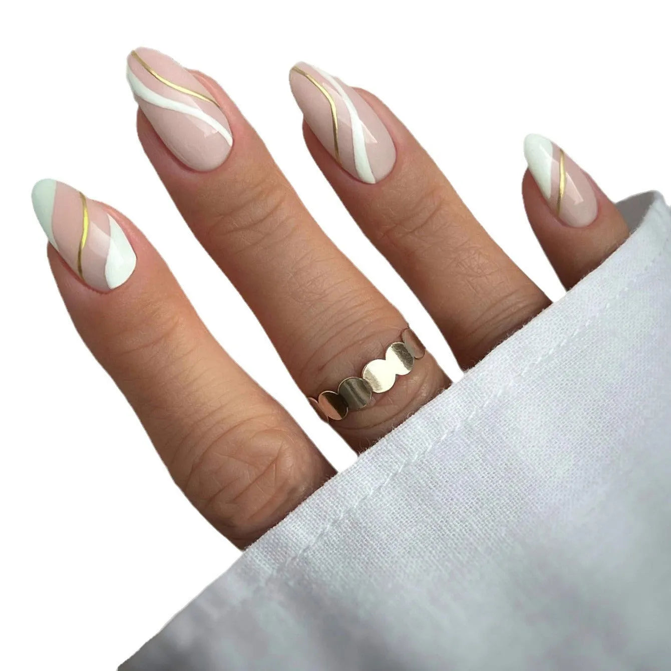 Set of plaid-patterned wearable nail stickers in medium drop shape with jelly glue colour.