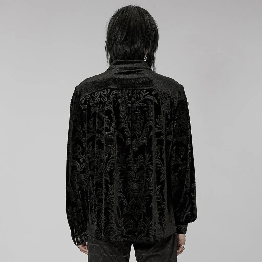 Black men's velvet shirt with gothic college styling and printed flocking decoration details