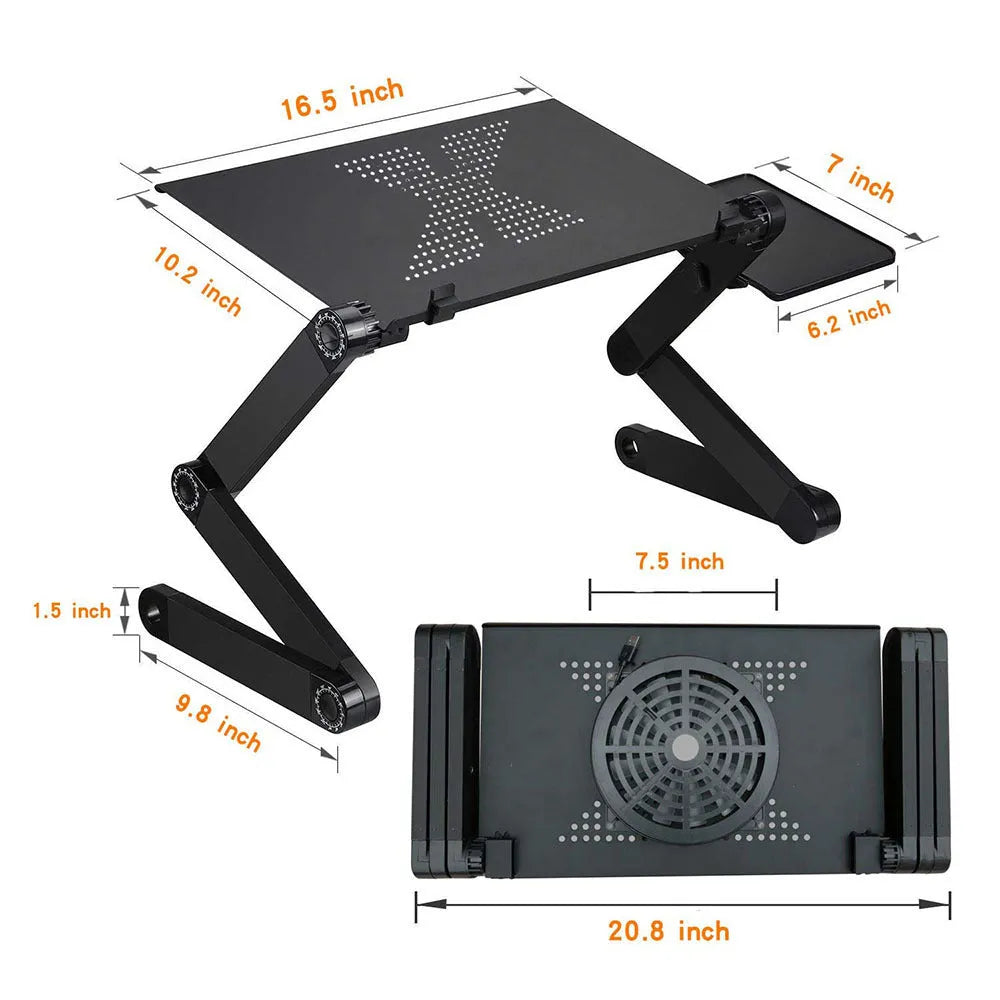 Adjustable folding laptop table stand in black with mouse panel, 42 x 26 cm surface, and built-in USB fan
