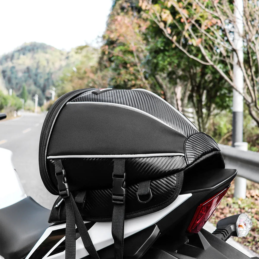 Black waterproof motorcycle tail seat bag with reflective strip and shoulder strap