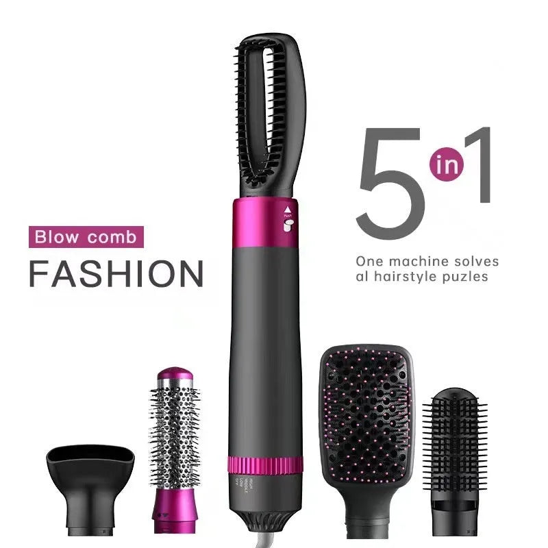 Dyson grey 5-in-1 hot air hair dryer brush with multiple brush attachments on a white background.