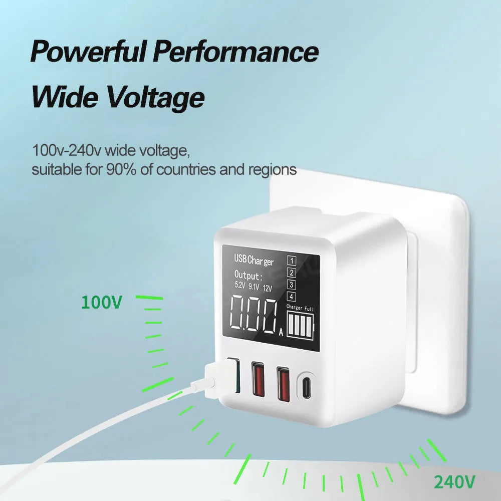 White 4-port travel fast charger with QC3.0 and Type-C ports measuring 80x48x65mm