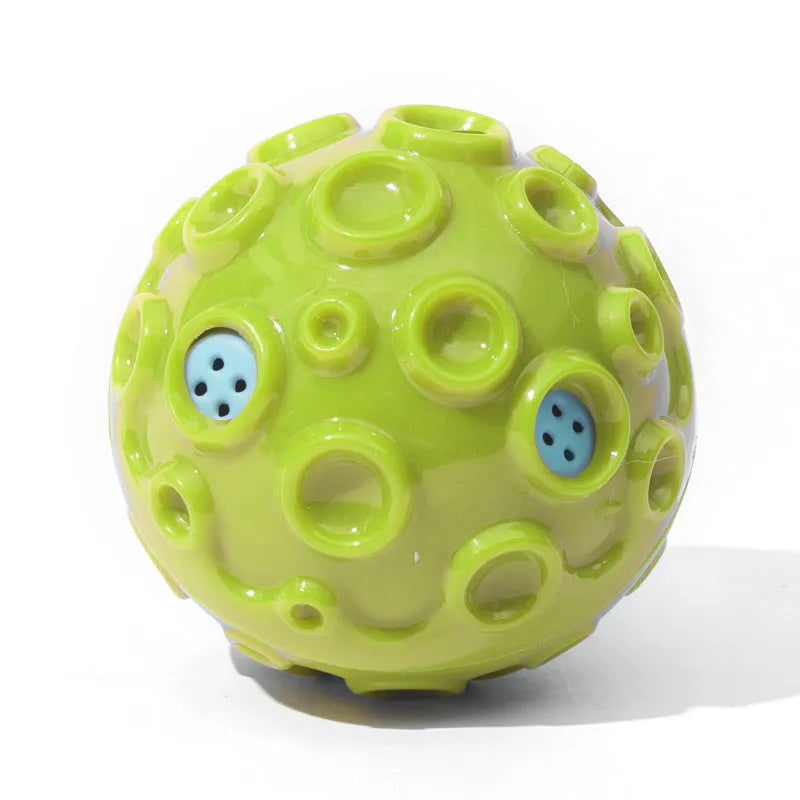 Dog toy ball in black, blue, green, orange, or yellow with squeaky sound generator and teeth-cleaning bumps