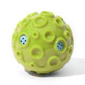 Dog toy ball in black, blue, green, orange, or yellow with squeaky sound generator and teeth-cleaning bumps