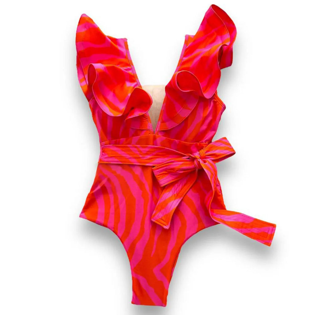 Women's deep V-neck one-piece swimsuit with mesh stitching and ruffled shoulders in a printing pattern.