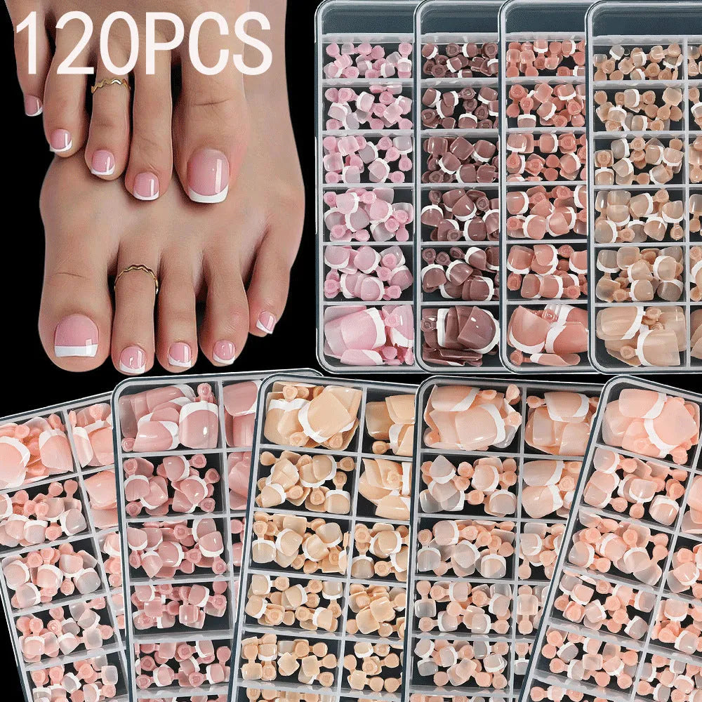 120 French white edge nude square short artificial toe nails in nine natural shades