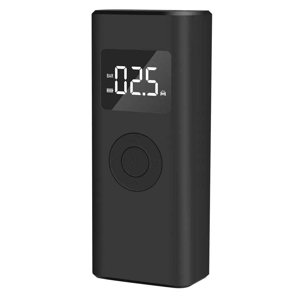 Black portable electric air pump 2500mAh wireless tyre inflator with auto stop, emergency light and TYPE-C charging, 155x64x40mm
