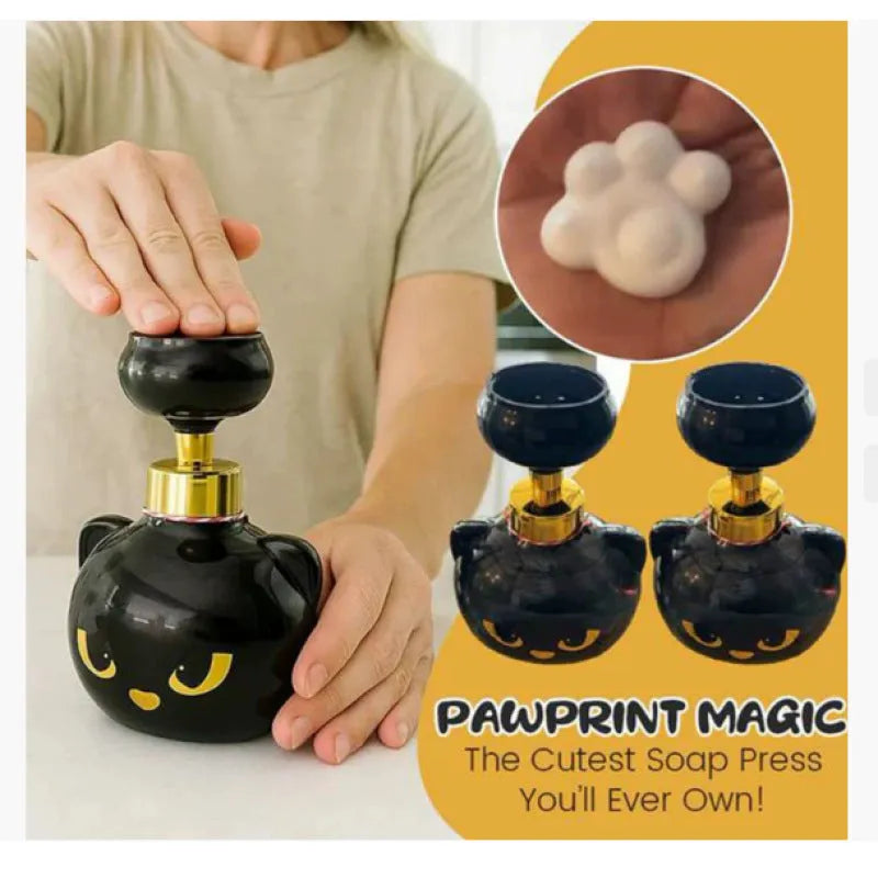 Black cartoon cat-shaped foam soap dispenser with decorative ornaments, dimensions 10x10x18cm