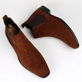 Men's square toe short boots in beige, black or brown, faux leather upper with wedge heel and PVC sole, sizes 40-50