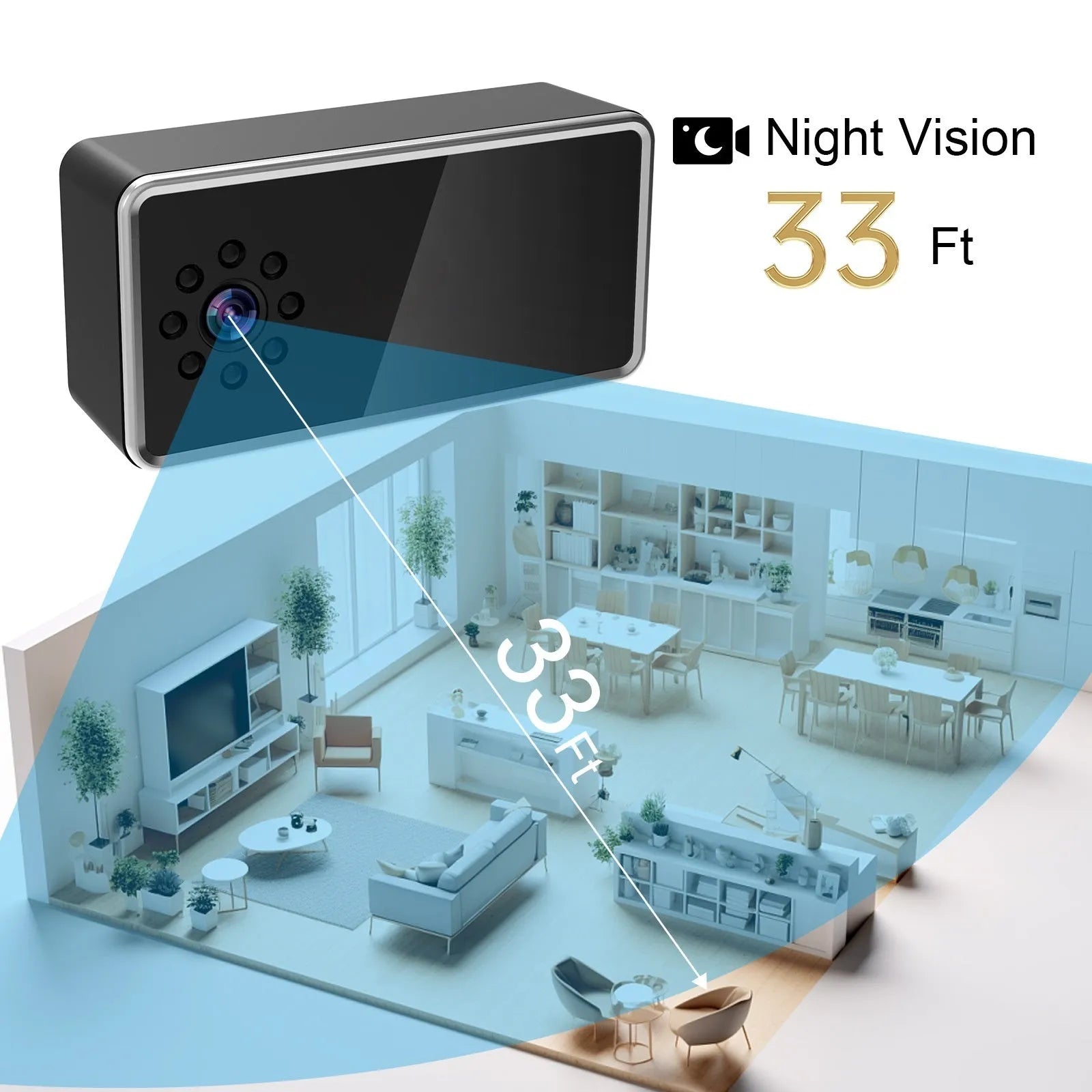 Wireless HD surveillance camera measuring 11.8cm with night vision and alarm detection functions