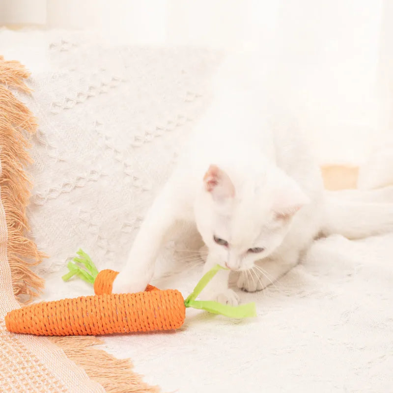 Interactive cat toy set with carrot-shaped toys, crinkle paper, ringing stones, extendable stick, and dental care chewing sticks