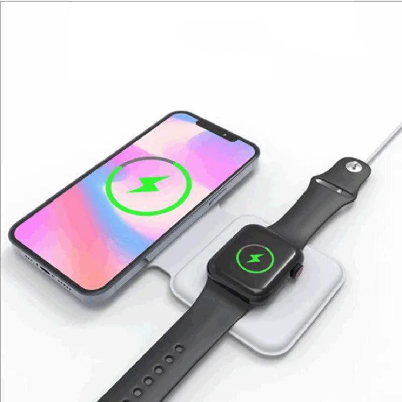 White 2 in 1 magnetic wireless charger with foldable stand charging two phones simultaneously