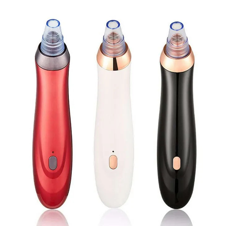 Handheld electric blackhead remover tool with multiple nozzle attachments on a white background.