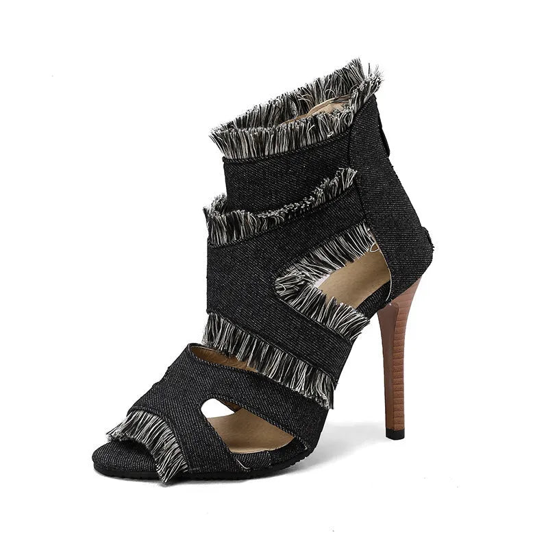 Women's denim high heel sandal with strappy design and 4-inch wedge heel, shown in plaid print.