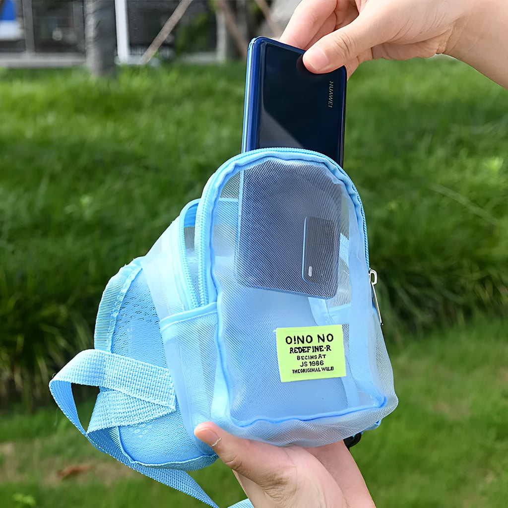 Solid colour breathable polyester dog backpack with a zipped main compartment and lead attachment strap.