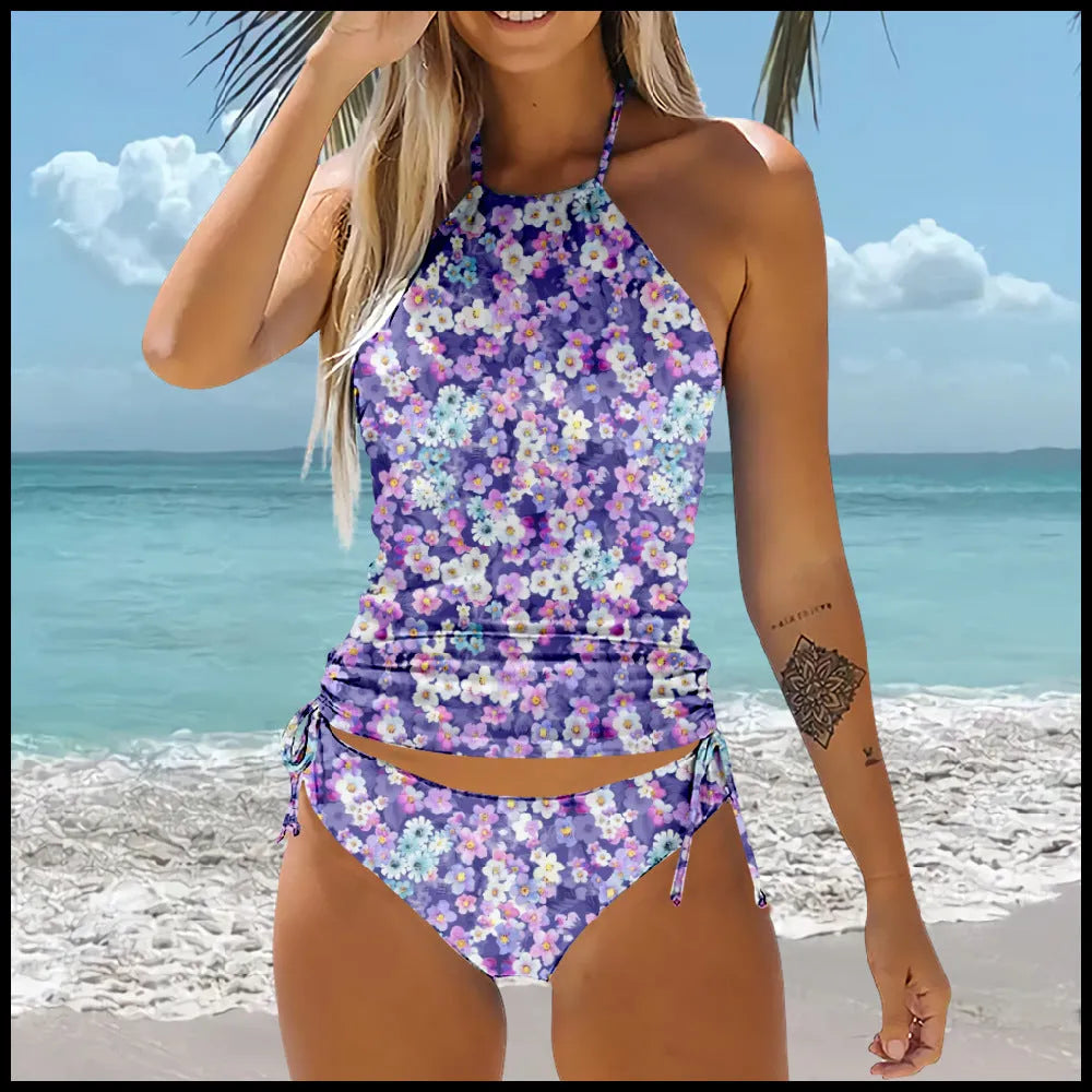 Patterned high-waist backless bikini beach swimsuit set in polyester, sizes S to 5XL, seven style options