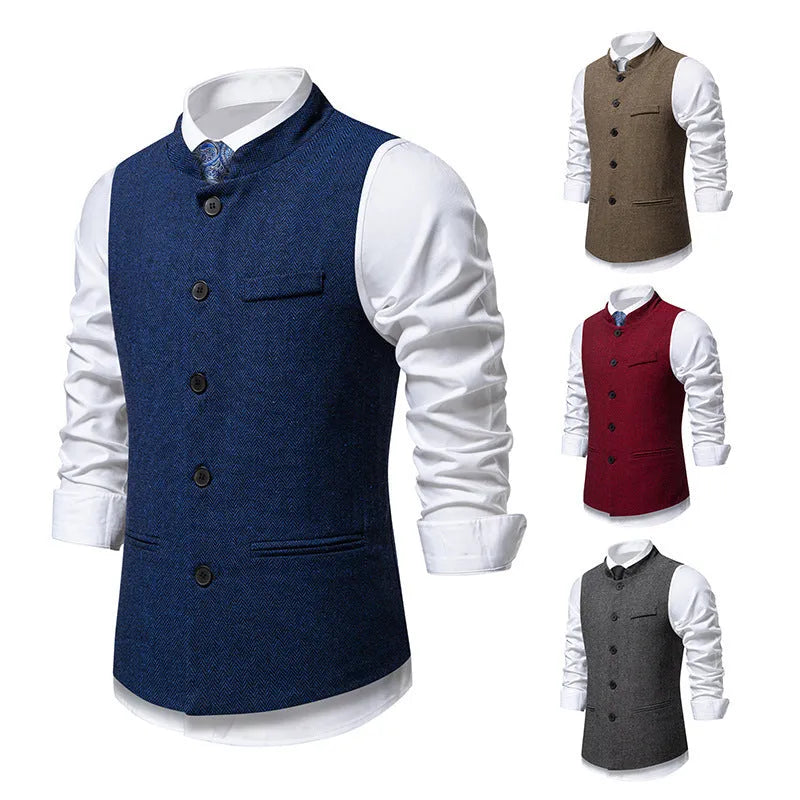 Men's retro stand collar herringbone suit vest, solid colour, polyester blend, sizes S to 2XL