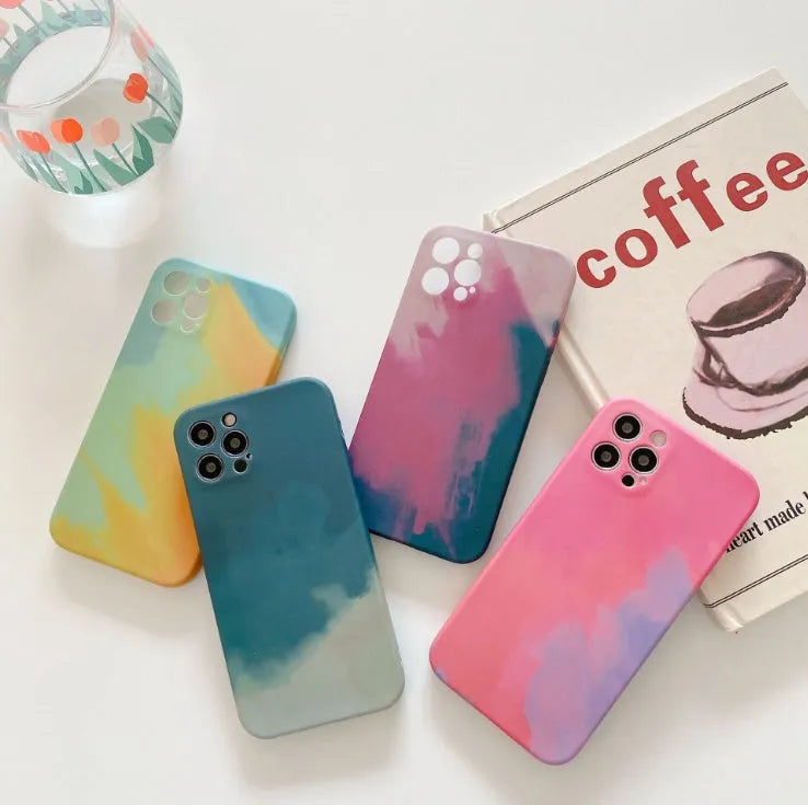 Silicone iPhone case with oil painting gradient geometry pattern in blue, green, pink, or purple