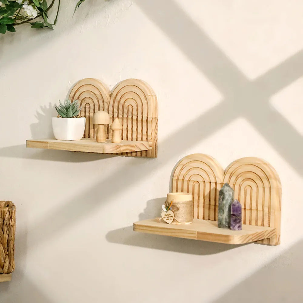 Solid wood wall flower pot storage rack with multiple shelf layers for indoor plants