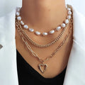 Vintage gold heart necklace on pearl chain with adjustable 41-50cm length