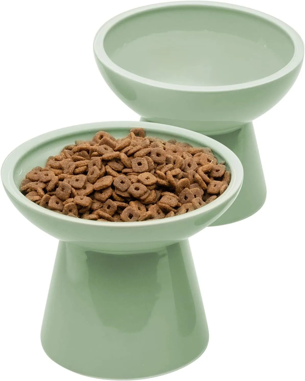 Elevated ceramic cat food and water bowl set with wide 16cm shallow dish design in various colours