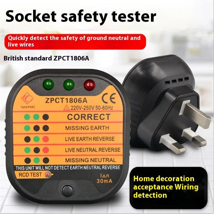 Black UK electrical socket tester showing LED indicators for ground and polarity detection