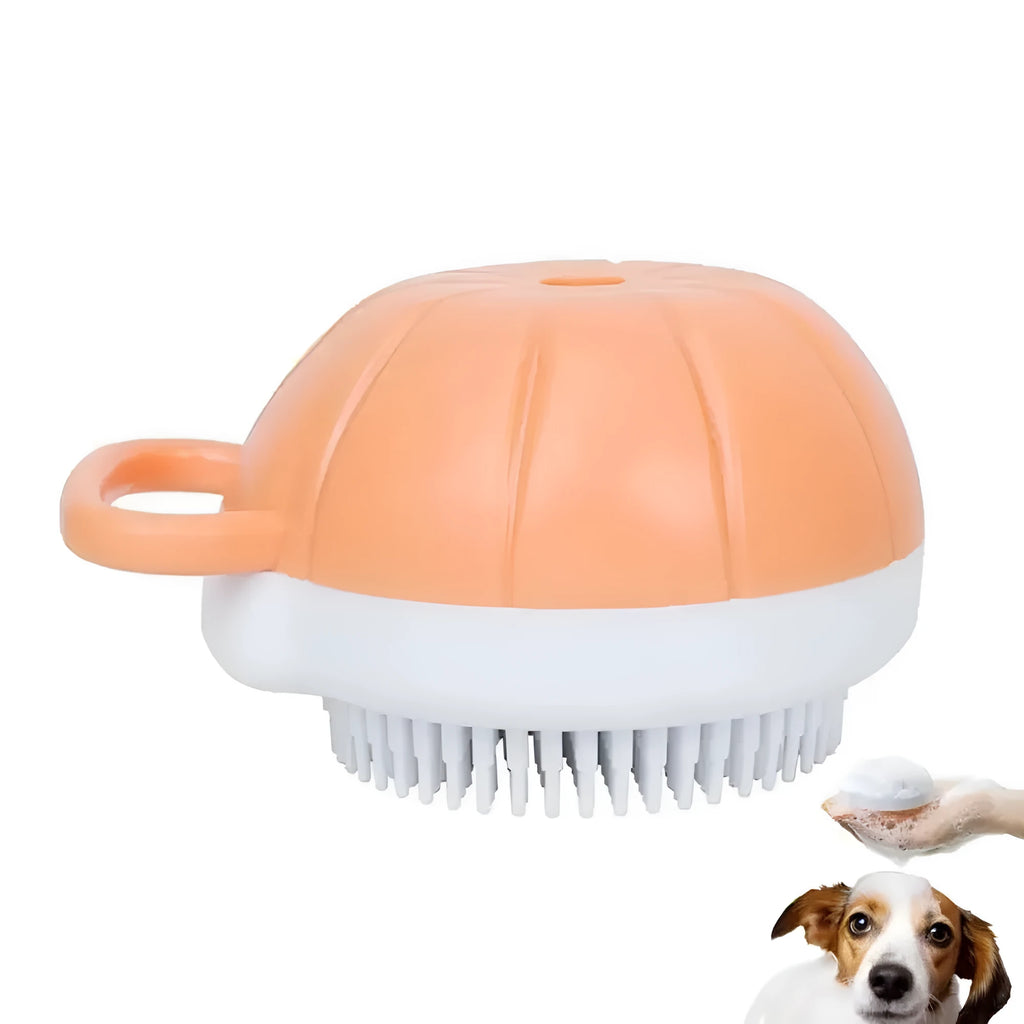Orange TPR dog bath brush with shampoo dispenser and comb teeth for pet grooming