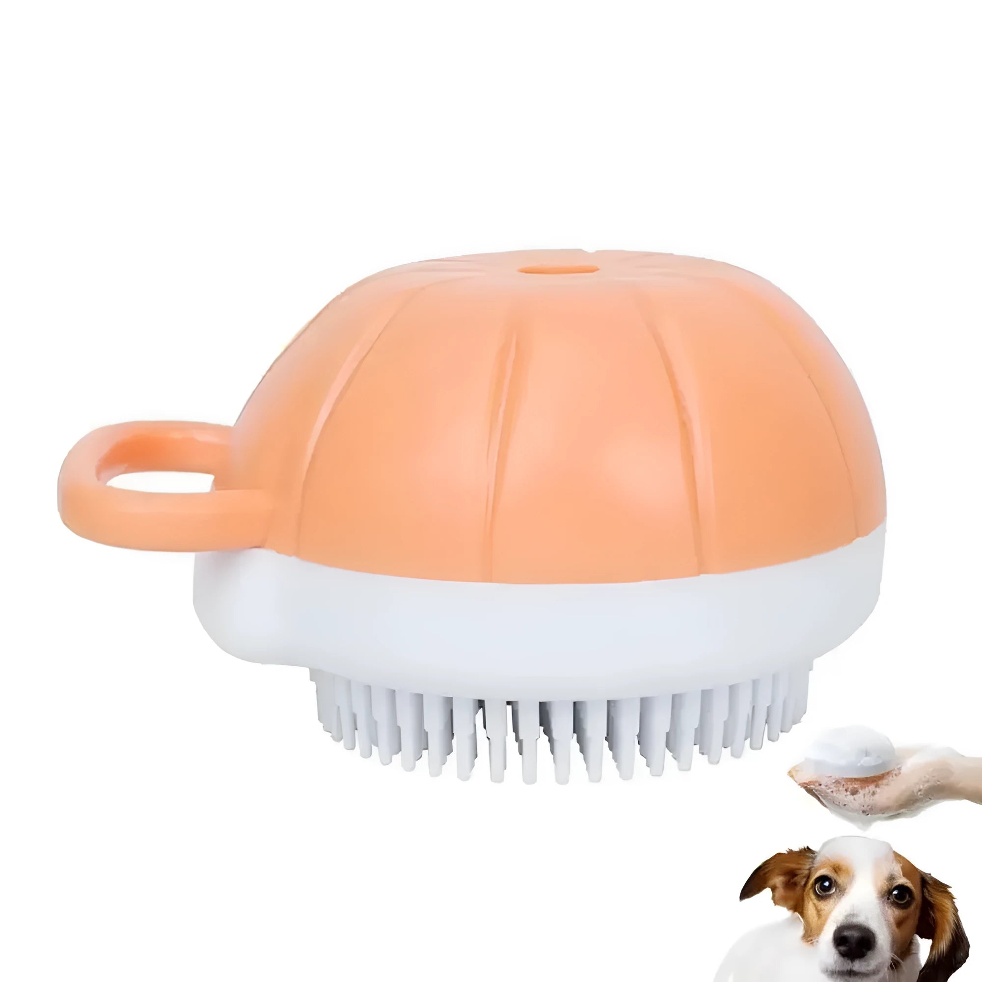 Orange TPR dog bath brush with shampoo dispenser and comb teeth for pet grooming