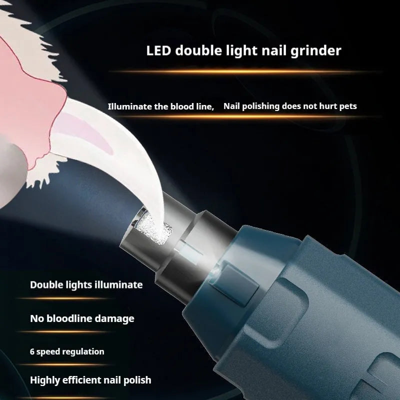 Dark blue pet nail grinder with rotary speed knob and LED light on a white background.